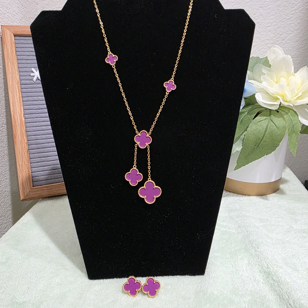 Gold and Purple Clover Necklace and Earring Set